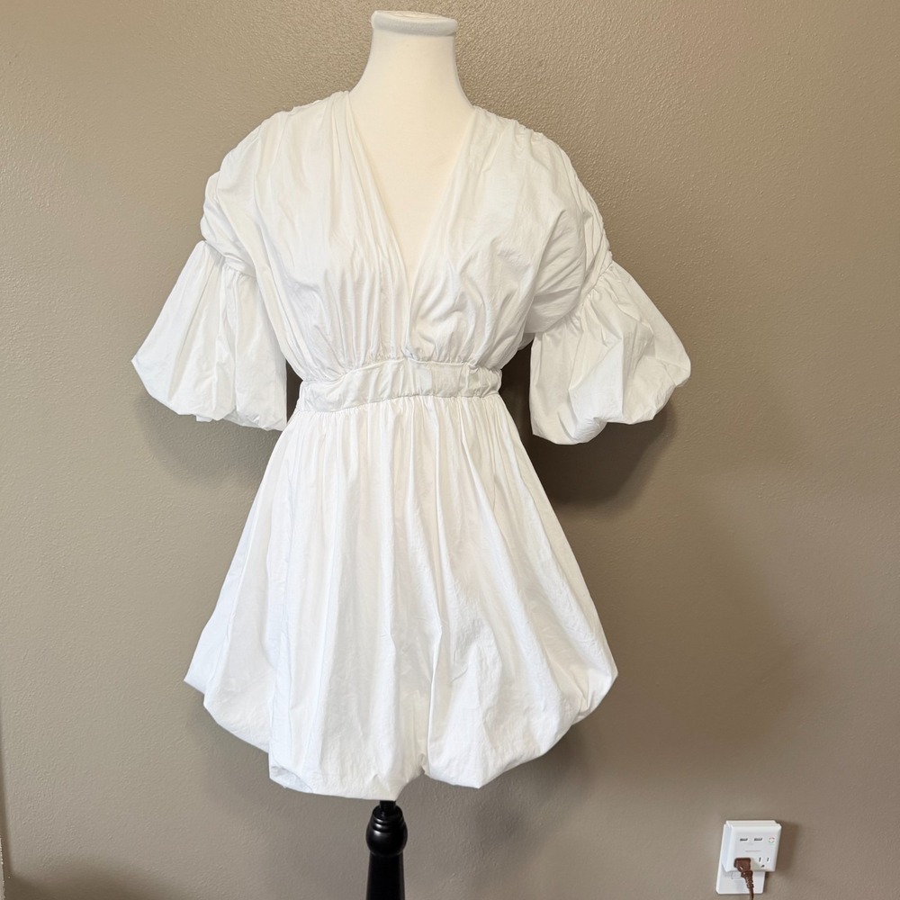 Monaco Vintage Avant-Garde Deep V Puff Sleeve White Stretch Bubble Dress Size M